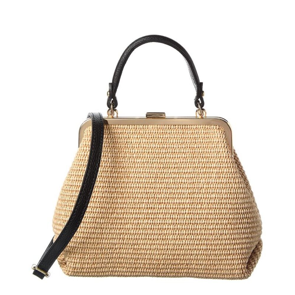 Persaman New York Isla Leather Straw Satchel, Brown